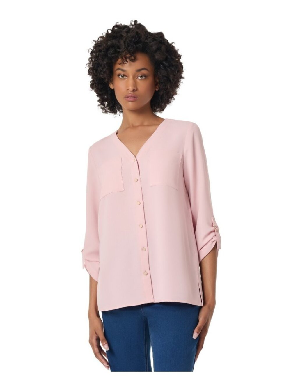 Jones New York Collarless V-Neck Tunic V-neck Blouse Pink Petite Size PXL $80